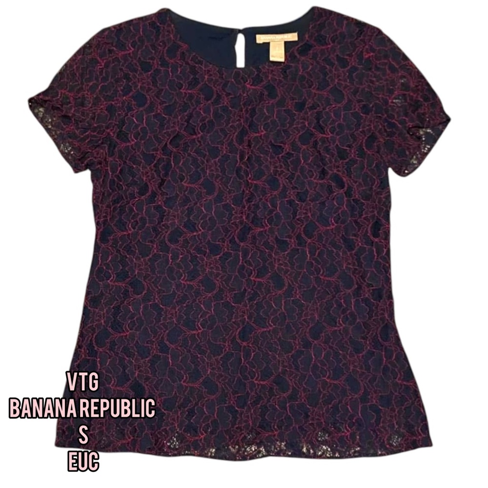 Vintage Banana Republic Women's Lace Top - Navy and Red
